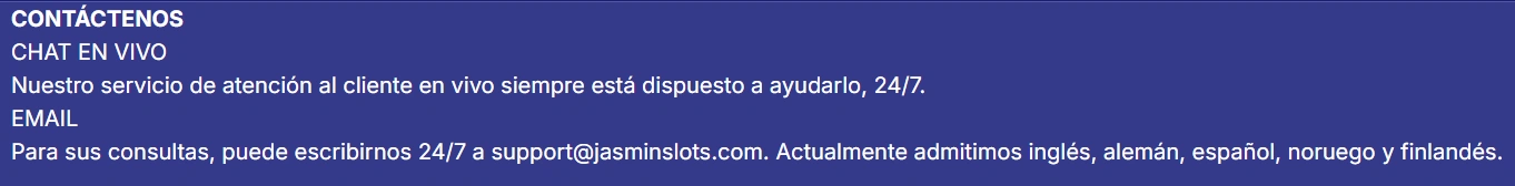 Atención al cliente de Jasmin Slots Casino