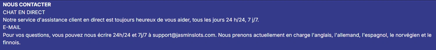 Support client de Jasmin Slots Casino