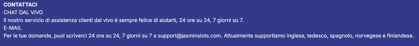 Assistenza clienti di Jasmin Slots Casino