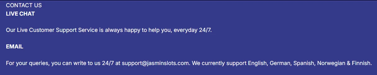 Jasmin Slots Casino Customer Support